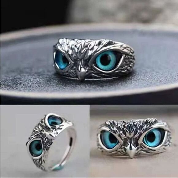 Retro Blue Eye Owl Open Ring, Exaggerated Animal Adjustable Finger Ring - Picture 5 of 12